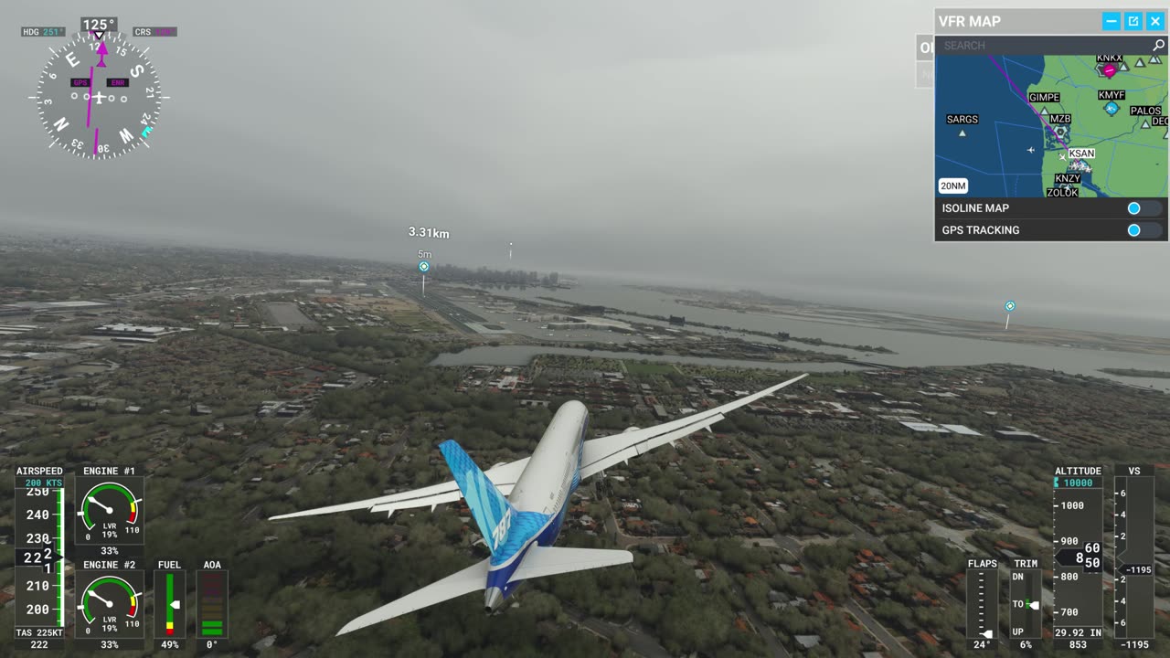 787 Dreamliner flying from LAX to SFC in heavy fog