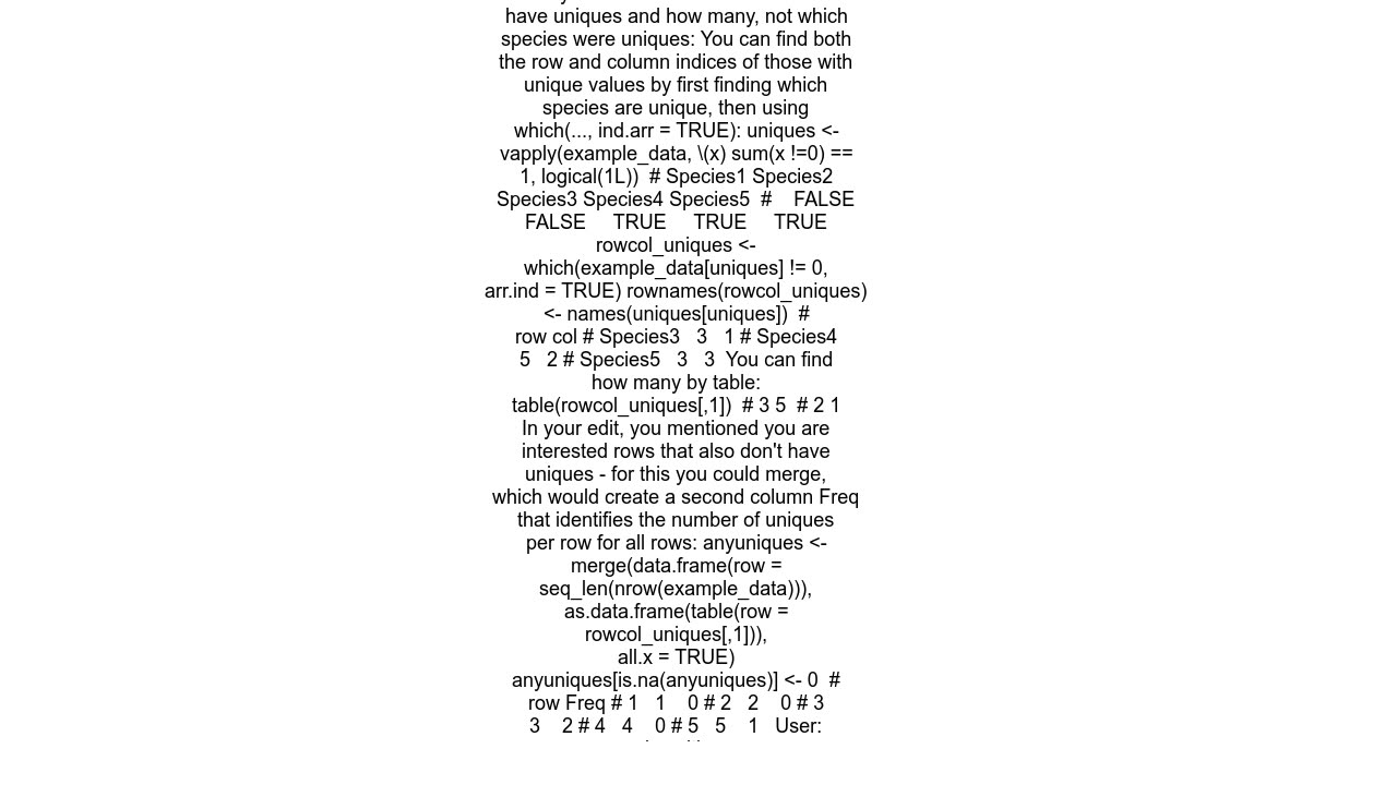 How can I calculate the number of uniques in a row within a species matrix