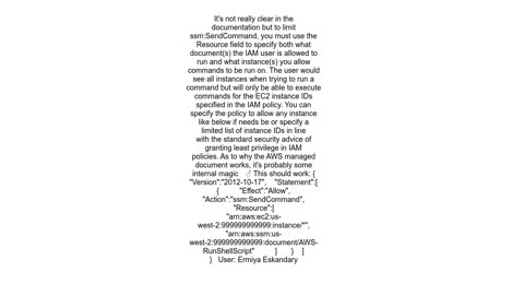 Why does restricting ssmsendCommand to a specific document via an IAM policy show access denied
