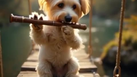 Bitchon Frise dog playing flute