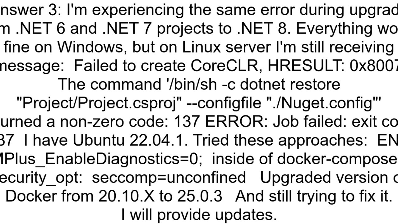 .NET 8 Microsoft Docker Image Failed to create CoreCLR, HRESULT 0x80070008