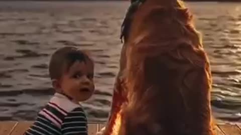 Lovely baby with a lovely dog ​​enjoying the sea