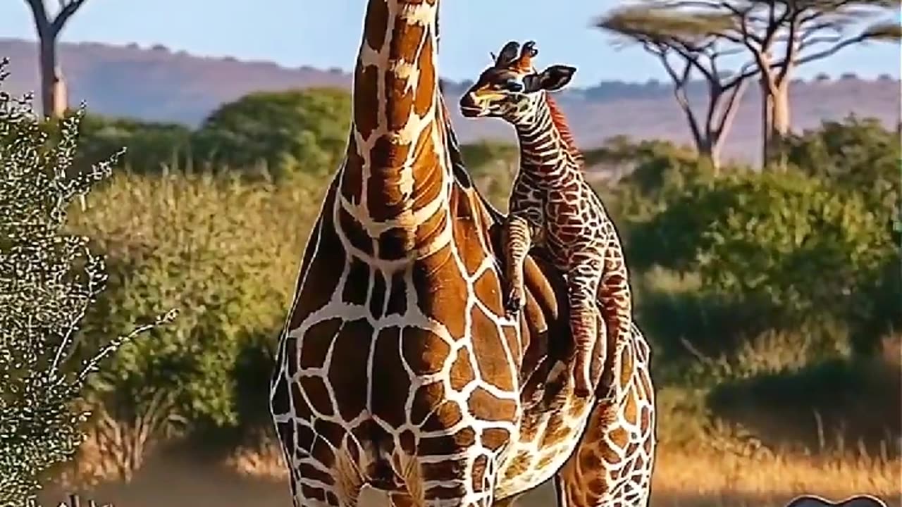 Cute Little giraffe plays with other baby animals running back to her mother