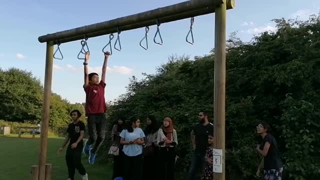 Kid doing the monkey bars