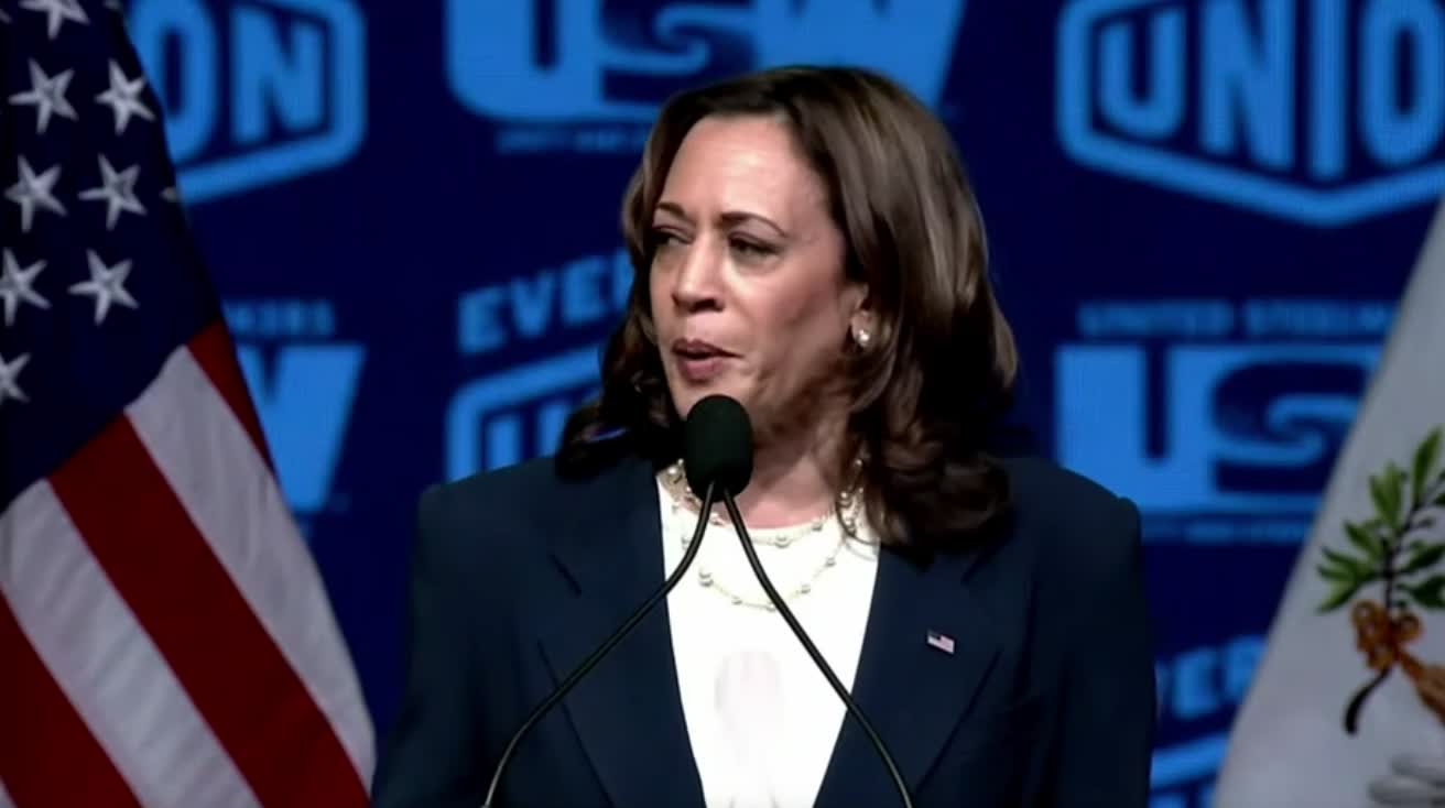 Kamala says that in the last 18 months, "our nation created more than 9 million jobs, making up for every job that we lost during the pandemic."