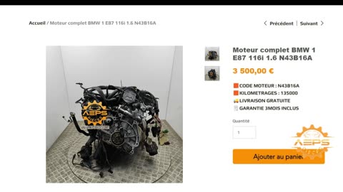 AEPSPIECES.COM - Moteur complet BMW 1 E87 116i 1.6 N43B16A