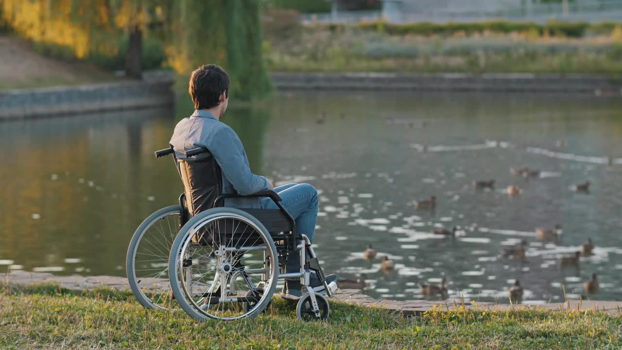 Handicapped man on a wheelchair looks on ducks