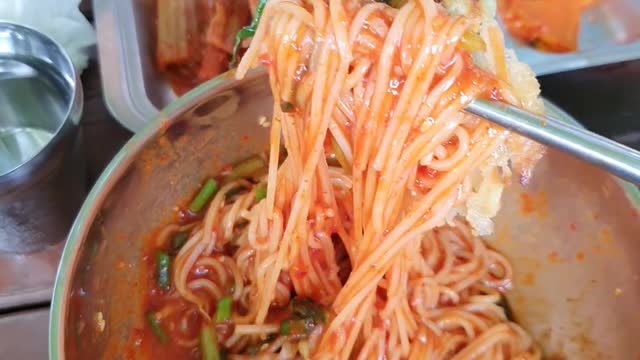 Bibim-Guksu and Seafood and Green Onion Pancake