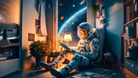 AI Generated Picture of an Astronaut sitting in a room and looking at Earth and Galaxy || follow