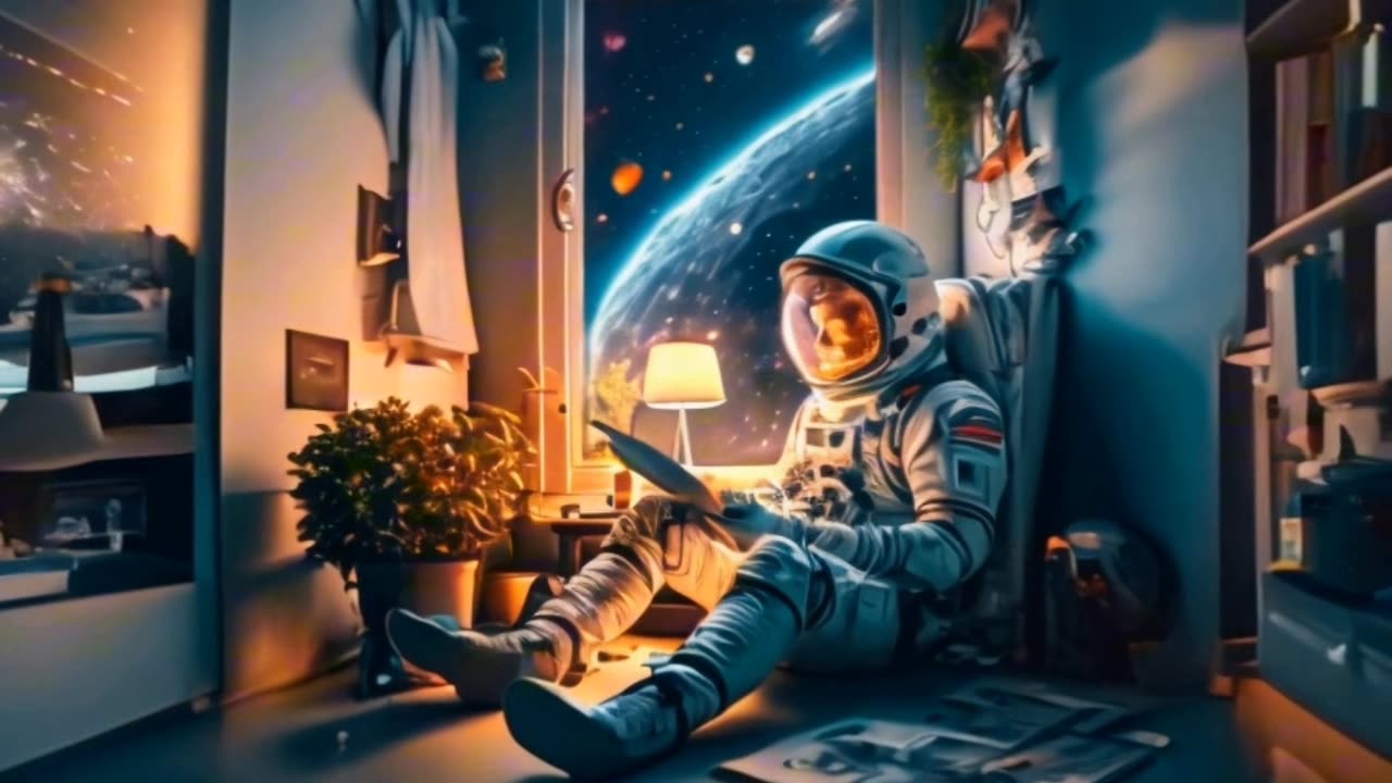 AI Generated Picture of an Astronaut sitting in a room and looking at Earth and Galaxy || follow