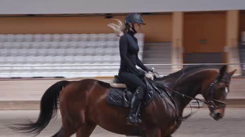 A horsewoman riding a brown horse on arena