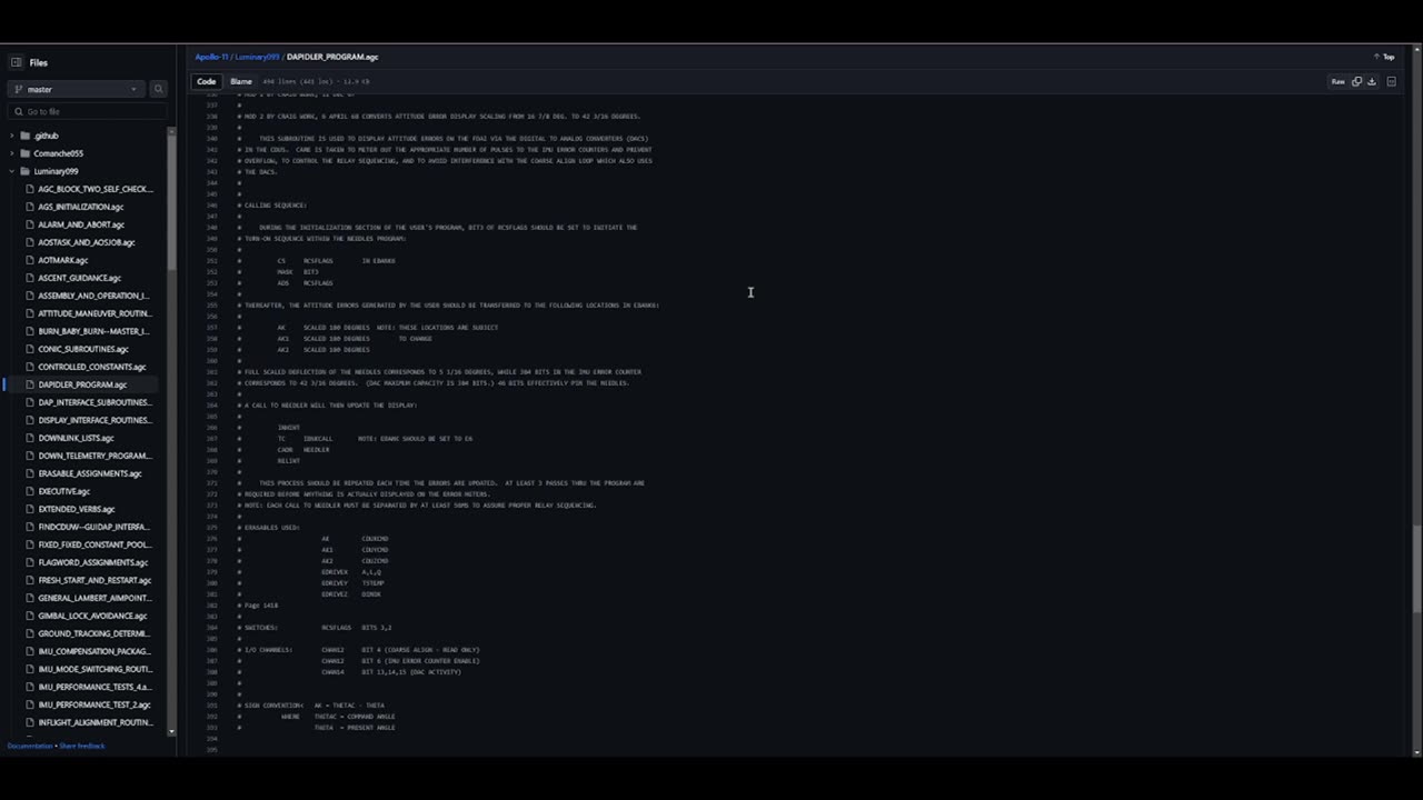 The Apollo 11 Guidance Computer (AGC) source code for the command and lunar modules