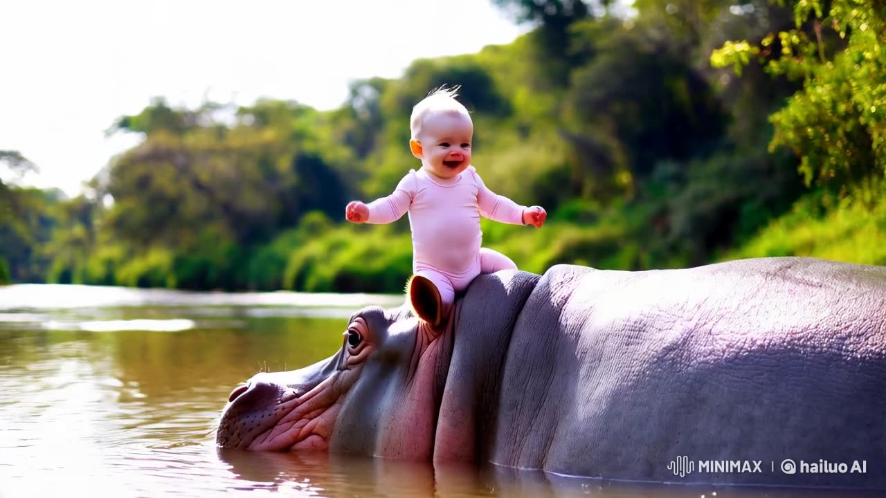 AI-Created Cute Baby Dancing on Hippo | 5-Second Short 🦛💃