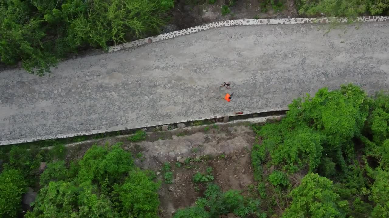 Two people walking down a road seen from above
