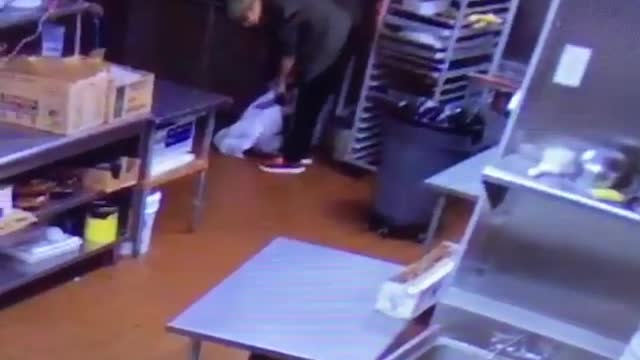 Collab copyright protection - guy runs slips with two bags at work