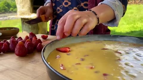 A Couple Cooks a Juicy Lamb Kebab and Tender Strawberry Pie in Nature