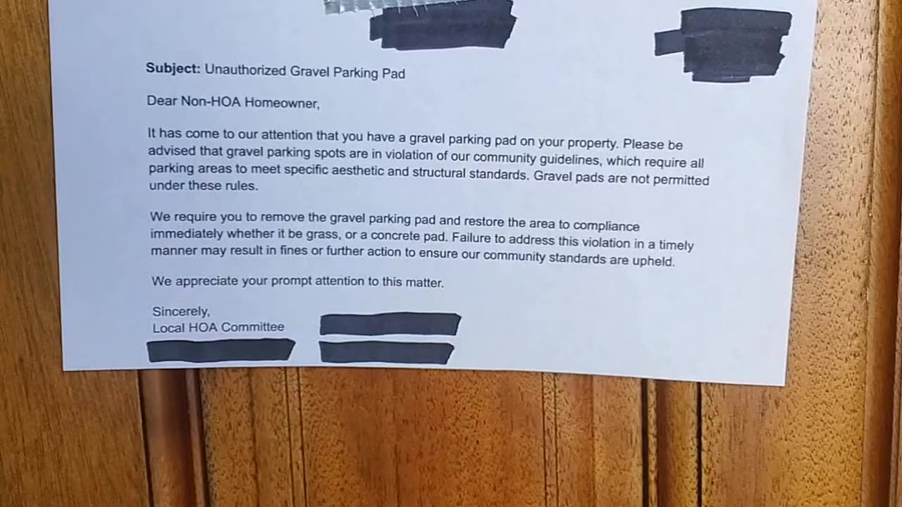 HOA demands removal of NON HOA home owners new parking pad