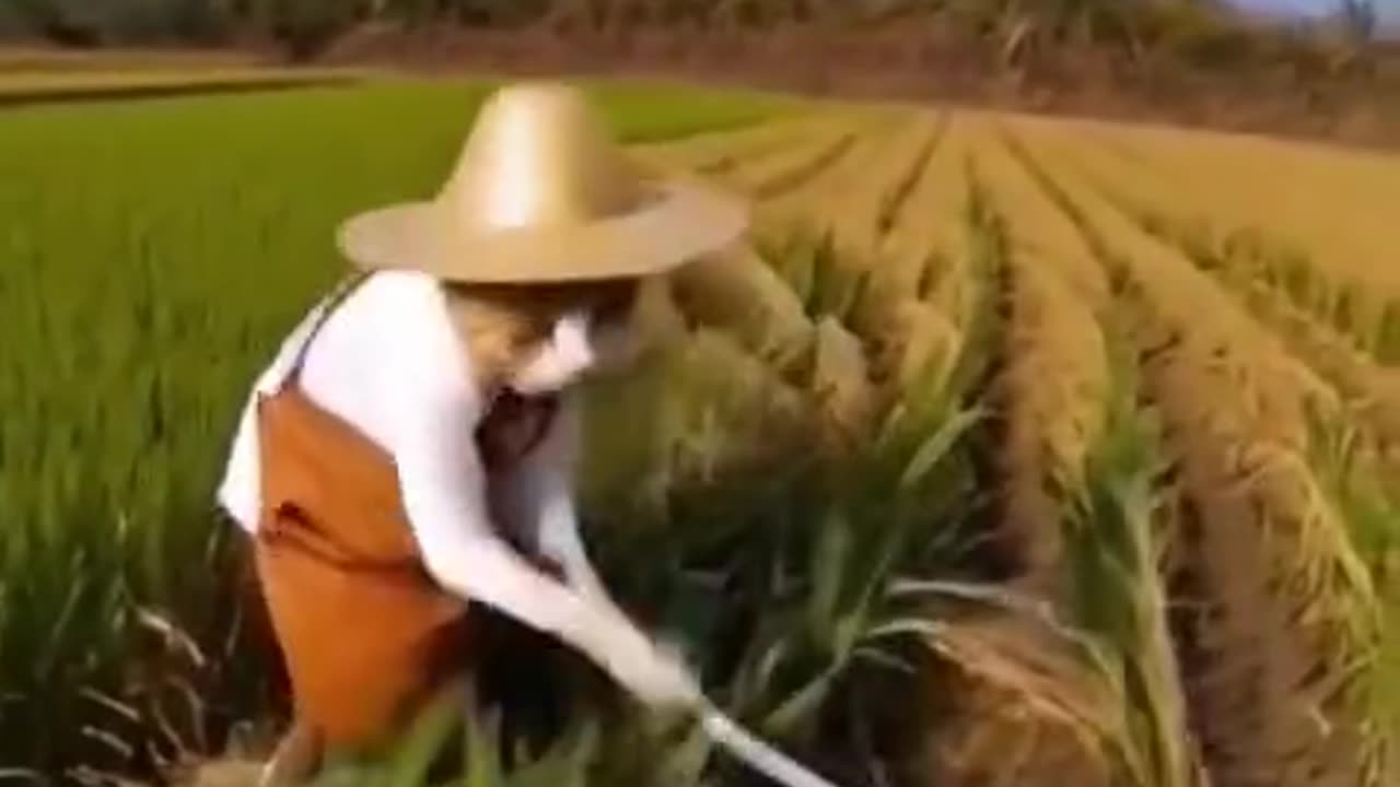 Funny cat farming like a man