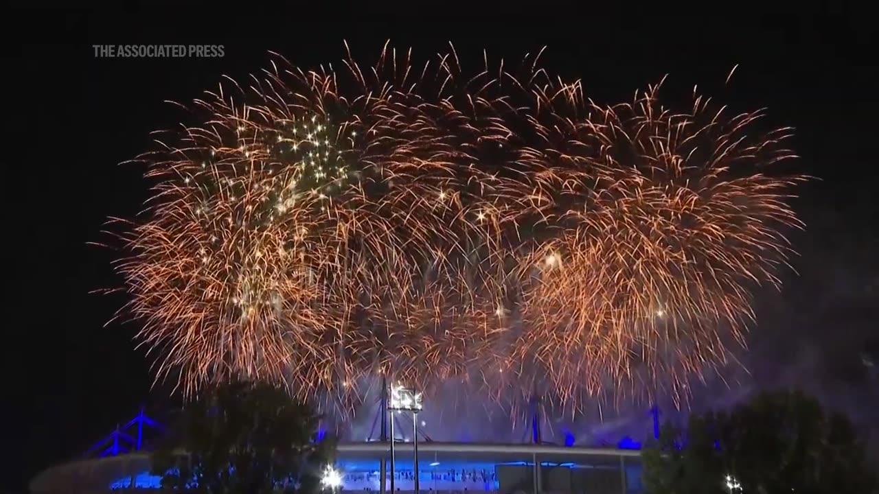 Fireworks mark the end of the closing ceremony of the Paris Olympics