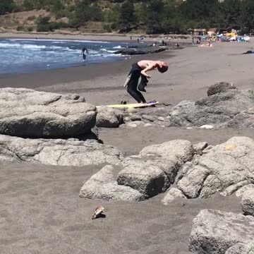 Guy in black suit bending back at beach