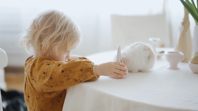 Child playing with rabbit