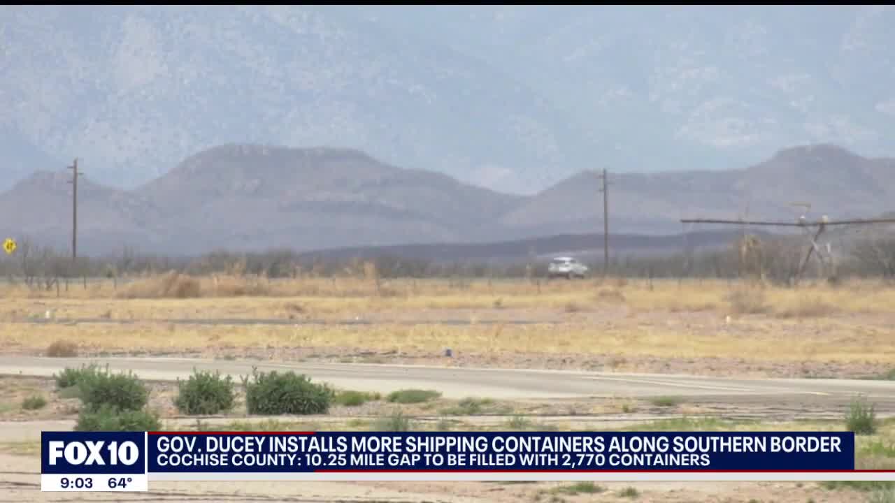 Arizona Governor Doug Ducey puts up more stacked containers along border