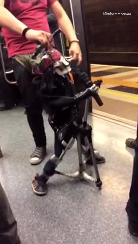 Guy makes skeleton puppet dance and sing on subway train