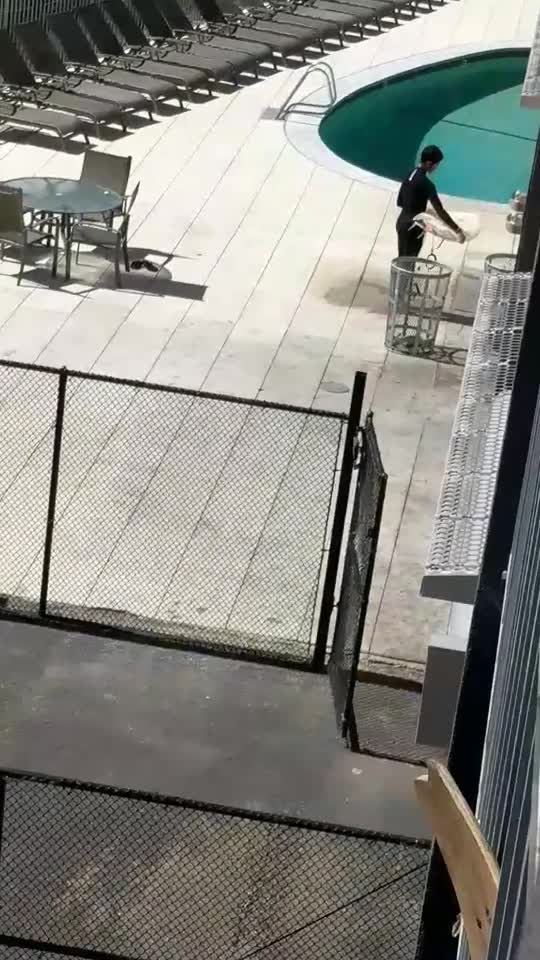 Kid in wetsuit and surf board at pool