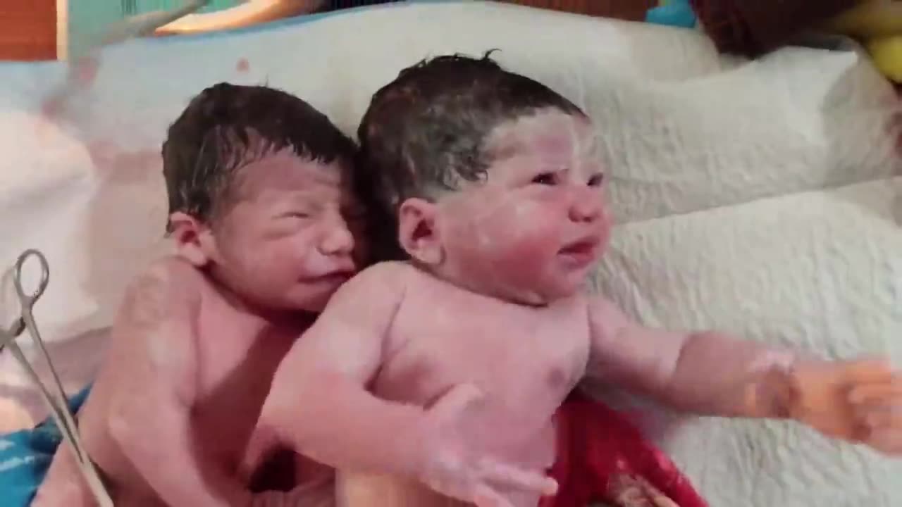 How beautiful newborn twins, the youngest hugged the waist of the older brother