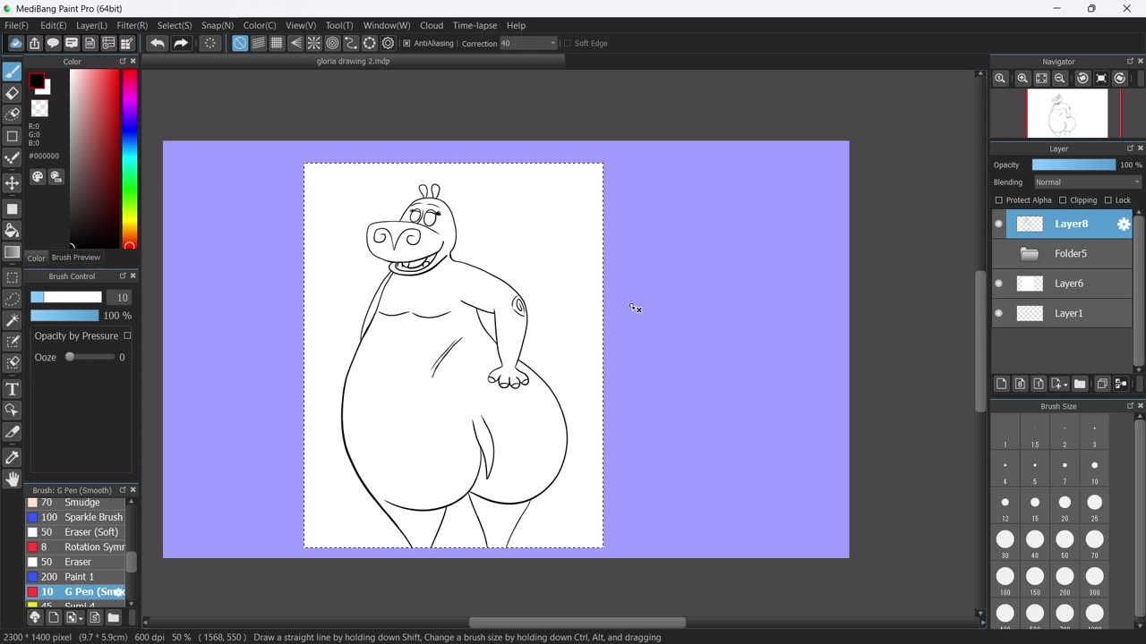 Drawing Gloria the Hippo - Lineart