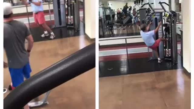 Two angles of old guy in red shorts working out wrong