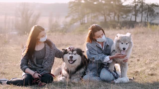 Women With Face Masks Petting nice Dogs