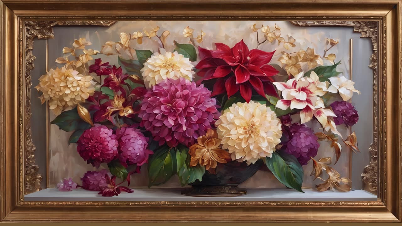 Vivid flowers arrangement . Framed art screensaver for TV . 4k Vintage Oil Painting background.