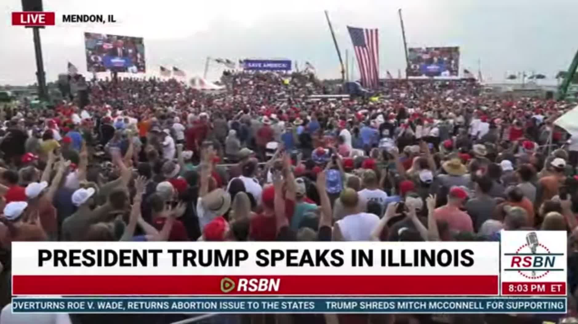 The crowd chants "Thank you Trump" after he talks about the overturning of Roe V Wade