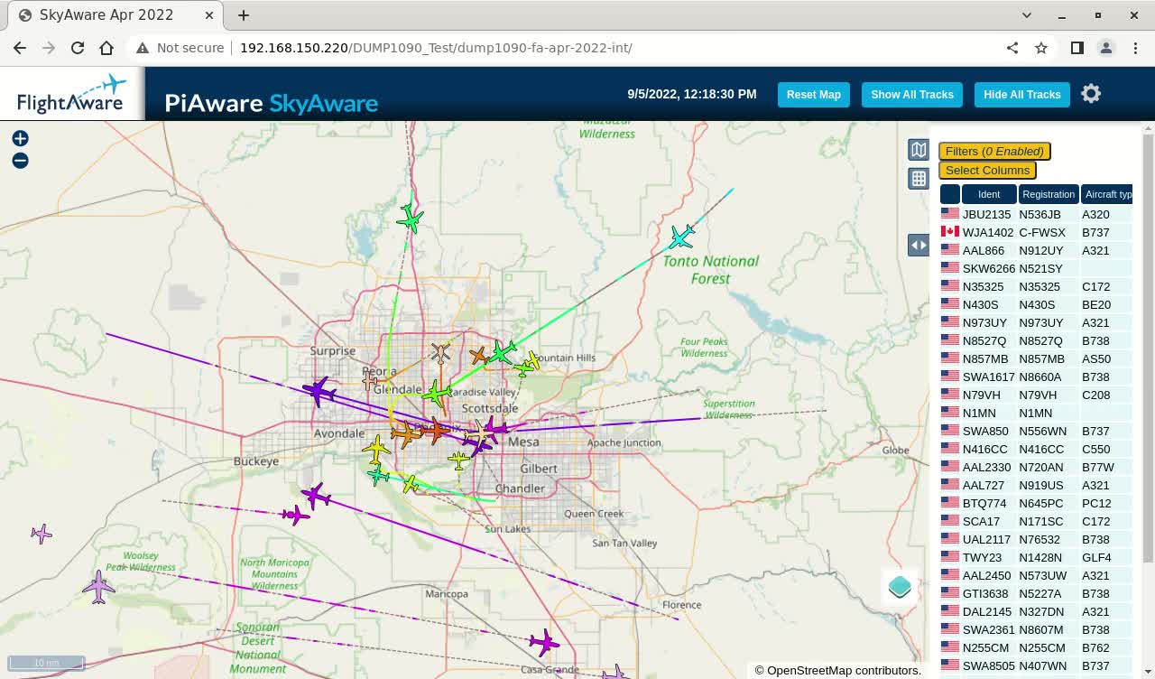 Sept 6th 2022 time lapsed phoenix air traffik with piaware and linux
