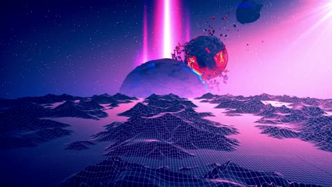 Purple cyberpunk space with digital worlds