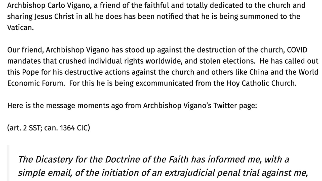 Breaking News – ArchArchbishop Carlo Maria Vigano has been summoned to the Vatican