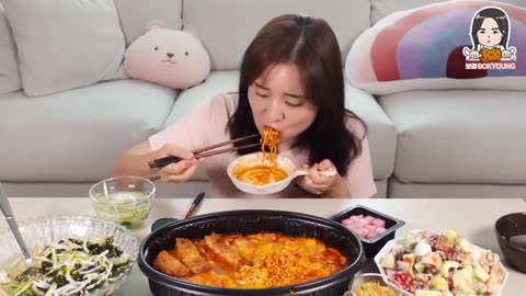 Cooking Mukbang :) Braised spicy buldak chicken, Fruit salad, cucumber cold soup.