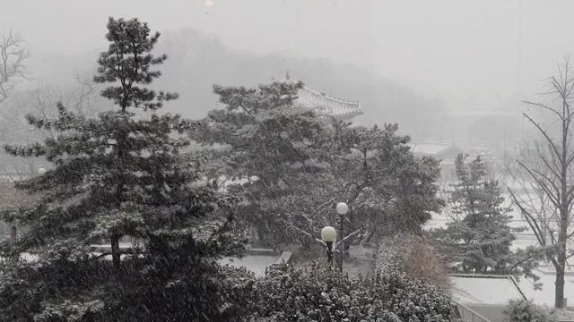 Gorgeous landscape with snowing and korean traditional castle