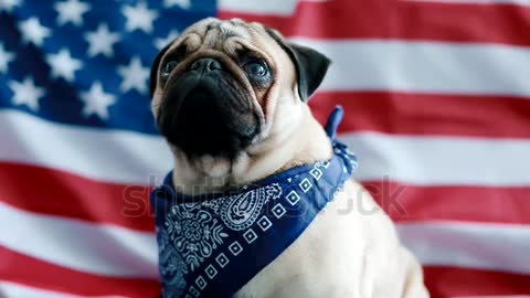 The young pug with american flag. Dog wear bandana on his