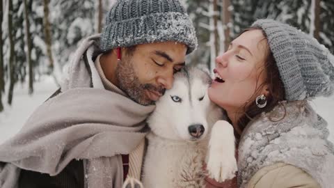 Dog enjoying in cold snow wood weather with his owners