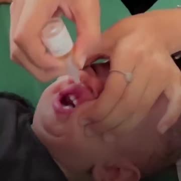 Massive polio vaxxination effort in Gaza shows children receiving the vaccine orally.