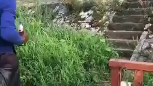 Drunk man crossing a foot bridge.