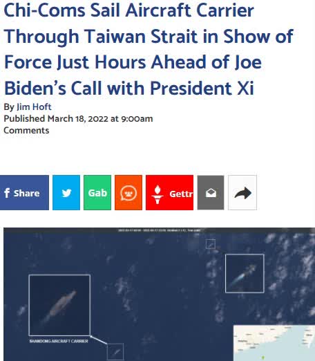 Chi-Coms Sail Aircraft Carrier Through Taiwan Strait in Show of Force Just Hours Ahead of Joe Biden’s Call with President Xi
