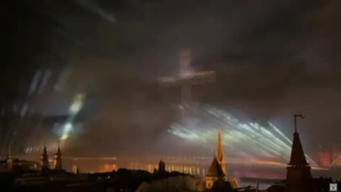 Huge Cross made of drones suspended above the Danube in Budapest