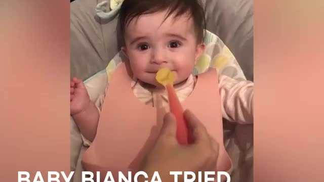 Adorable baby has hilarious reaction to trying solid food for the first ti...