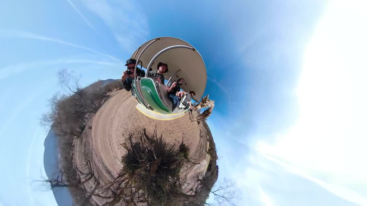 Giraffe eating out of tourists hand transition to tiny planet