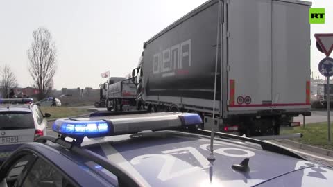 Truck convoy against fuel-price hikes hits Brescia, Italy.