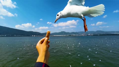 Seagulls eat bread out of people's hands