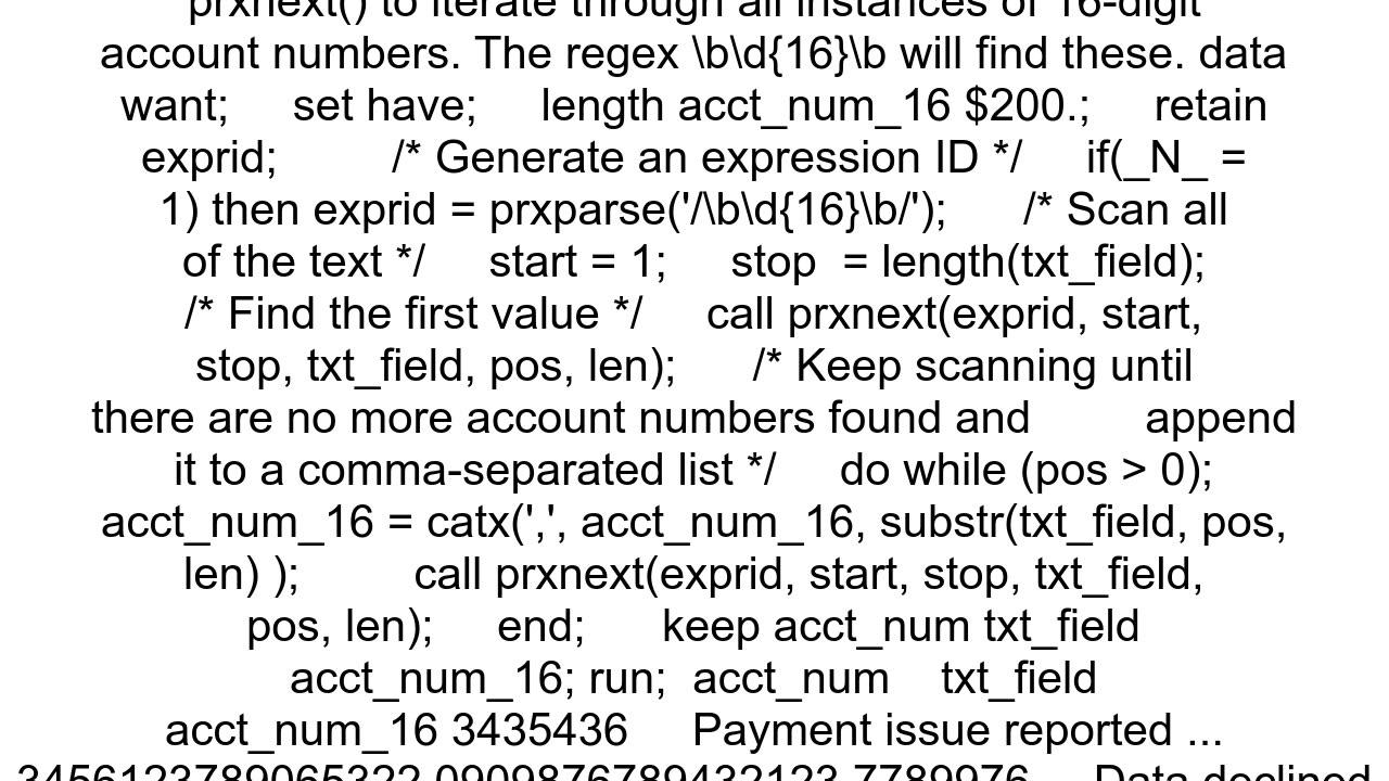 Extracting all the 16 digit account numbers from a text field and creating a field for that account